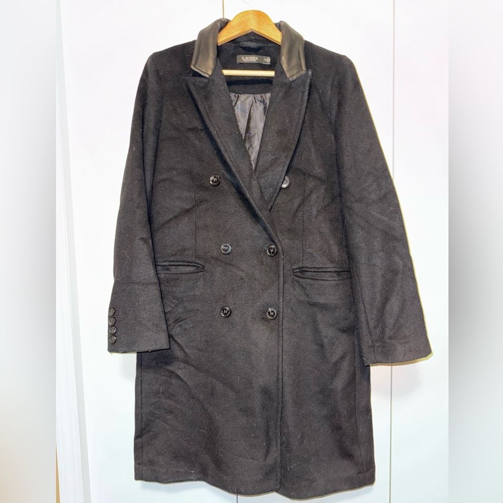 Lauren Ralph Lauren Faux Leather Trim Double Breasted Wool Blend Reefer Coat